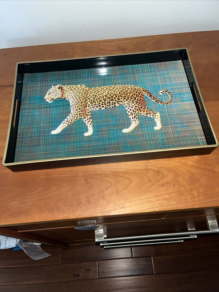 Decorative Black & Gold Serving Tray With Distinctive Leopard. Acrylic. 15.5” - Image 4 of 4