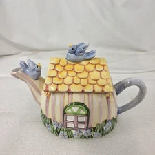 Savoy Housewares Cottage House Teapot Ceramic Bluebird Lid Floral Pastel Figural