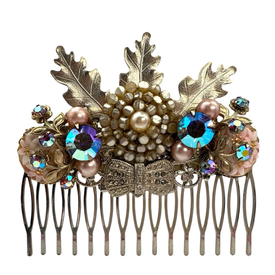 Aurora Leaf 珍珠新娘发梳复古水钻秋季婚礼配件 — 第 2/4 张图片