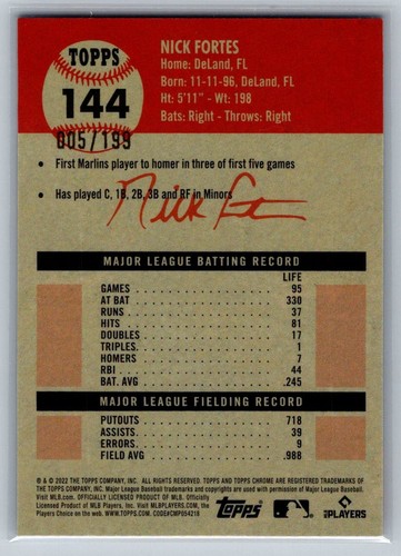 2022 Topps Chrome Platinum Anniversary #144 Nick Fortes Toile Refractor #/199 - Picture 2 of 2