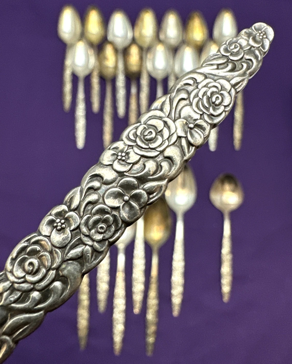 22 Pc FLORAL BOUQUET Silverplate 1 SUGAR 7 SOUP 14 TEASPOONS Wm Rogers & Son