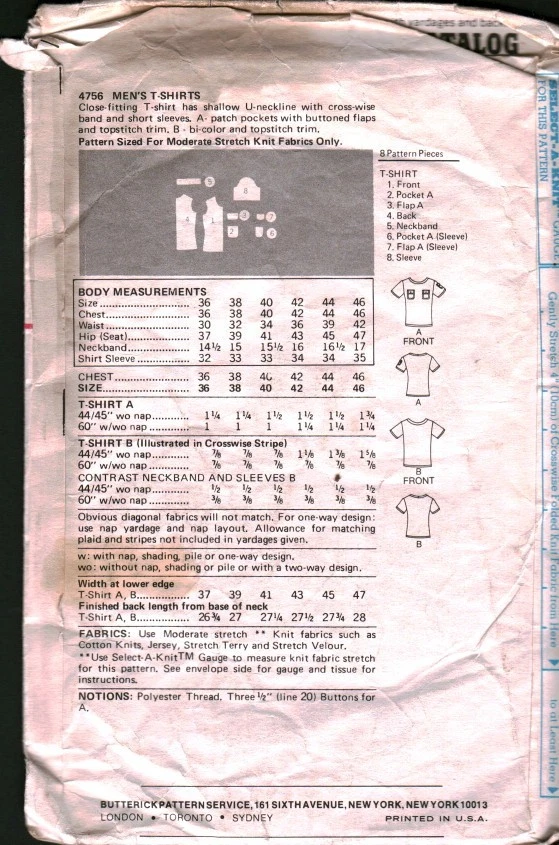 Camiseta Top 4756 Vintage Butterick Costura Patrón Años 70 Para Hombre 40-42 Fuera de Uso Coser Foto 2 de 2