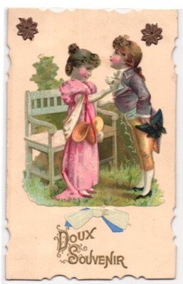 Oblaten-AK Doux Souvenir, Mädchen bindet seinem Kavalier die Krawatte 1907 