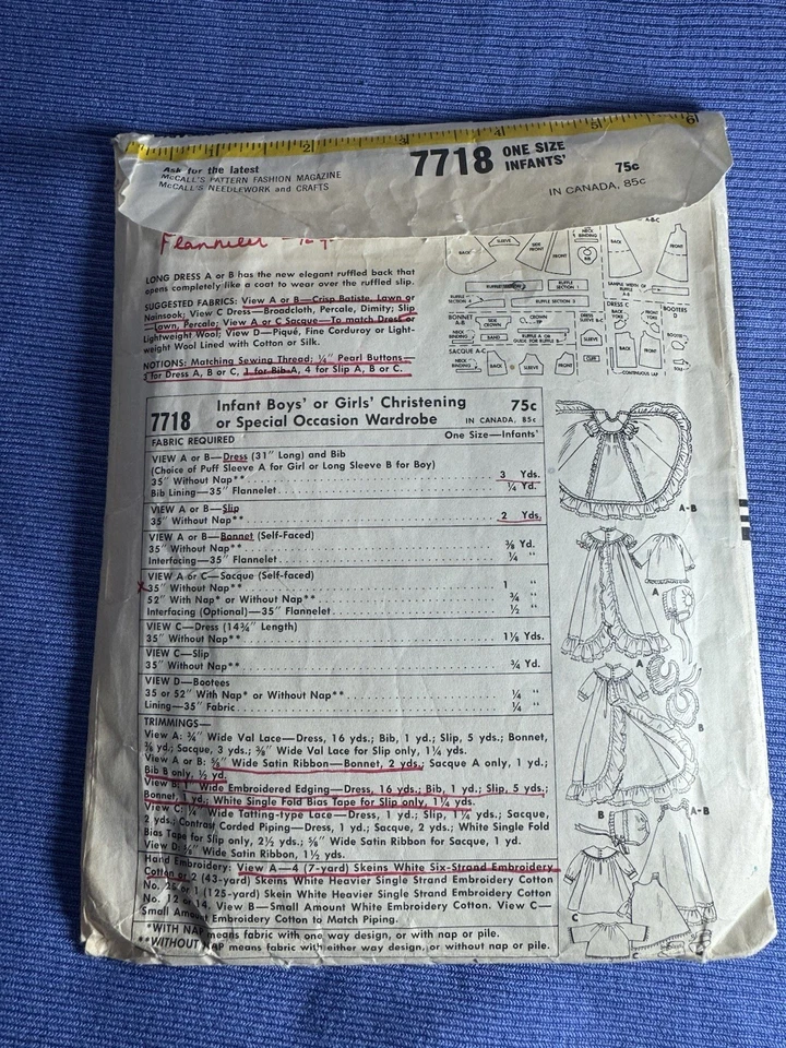 Vestido infantil McCall's 7718 Layette patrón bautizo gorra sin cordones capó de colección 1965 Foto 3 de 4