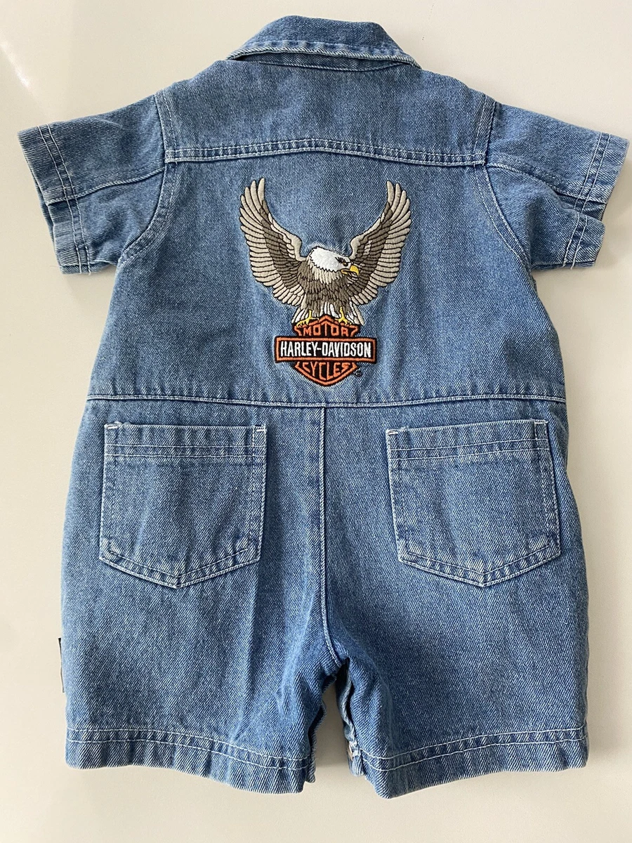 Cool Vintage Baby Harley Davidson Eagle Embroidered Denim Romper