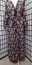 California Dynasty Robe Bright Floral on Black Poly Lace Neck  Sleeve Tie Belt