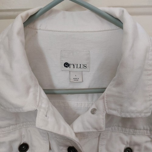 Stylus Denim Jean Jacket Women Size L White Pockets Cropped - Picture 3 of 7