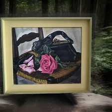 Oil On Cardboard Gabrielle Sorrel (20th) Still Life " Pink And Bag Black " 1951