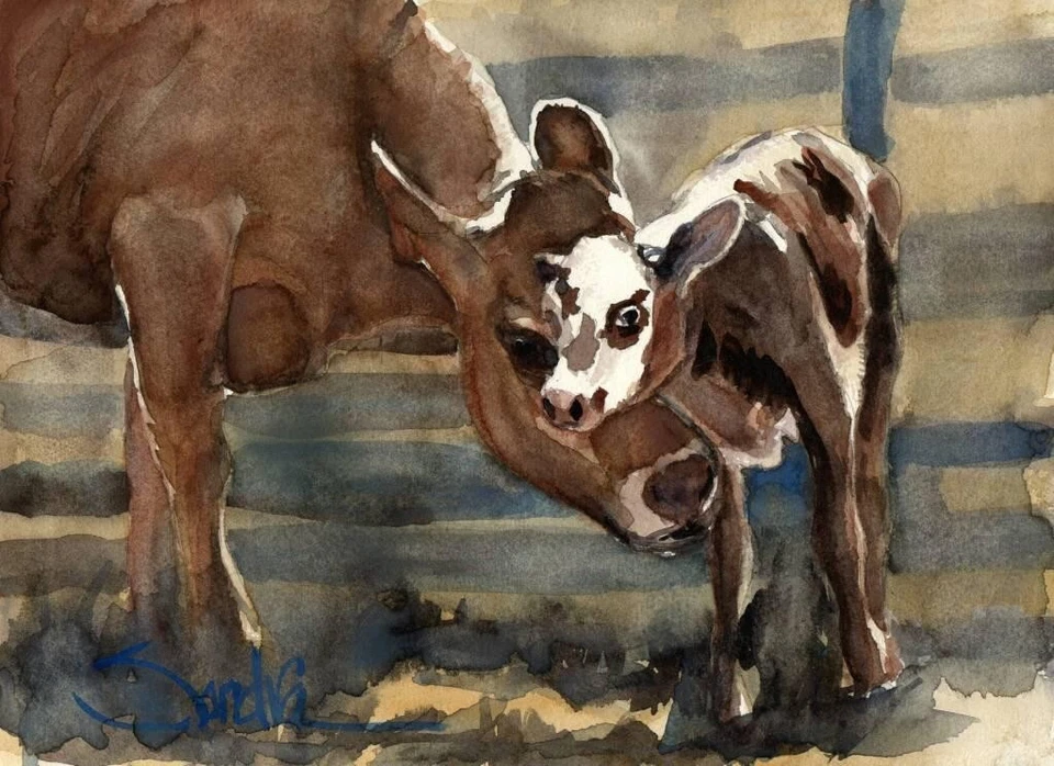 Мать корова: SandraWatercolors ™ Калифорния: оригинальная картина фермерский дом декор - Изображение 2 из 2