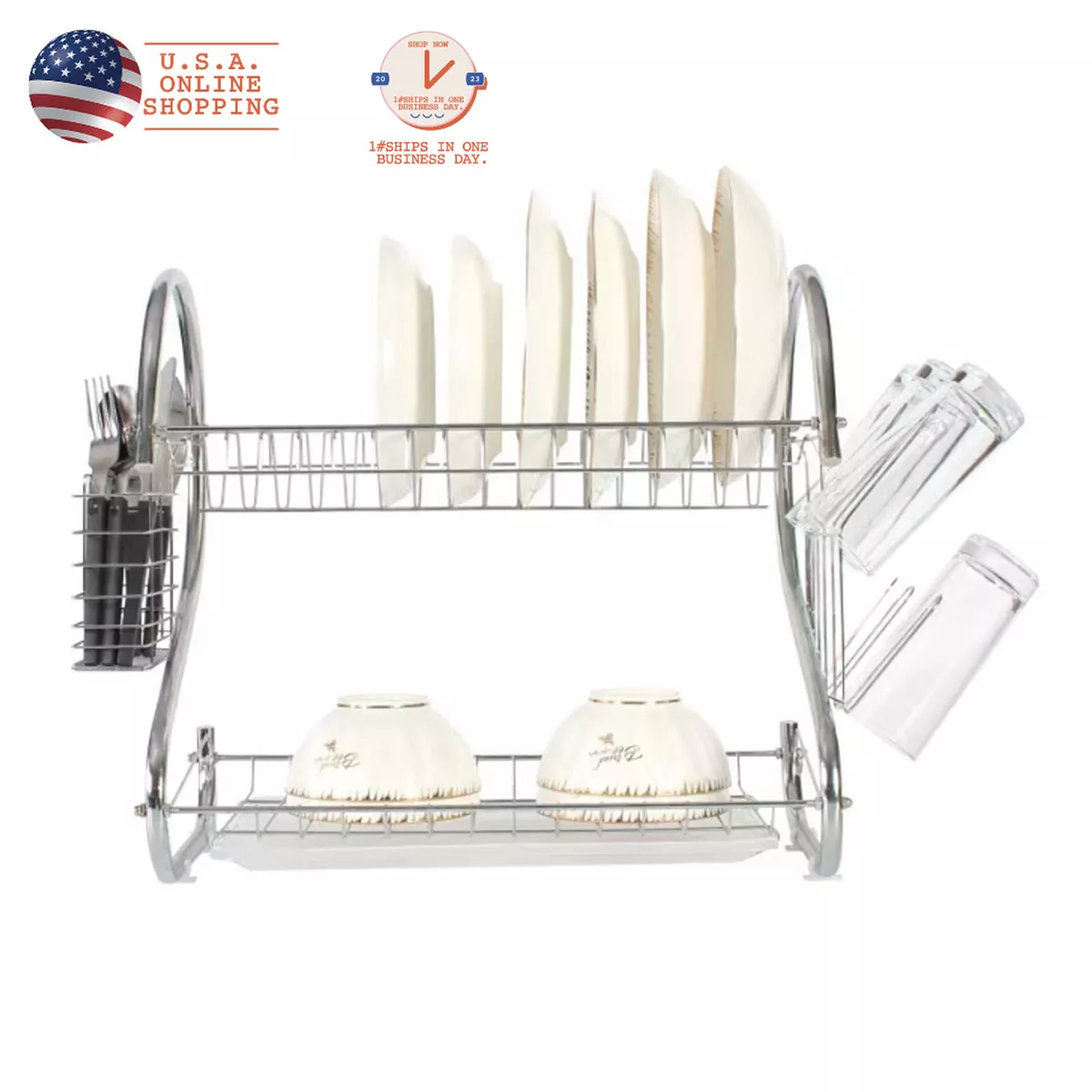 2 Tier Dish Drying Rack With Drainboard Set, Large Dish Racks For