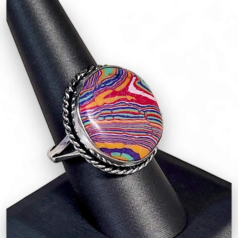 Женское кольцо из стерлингового серебра 925 пробы с радужной кальсиликой размер 10,5 ручная работа - Изображение 4 из 4