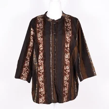 Citron Brown Textured Stripes Floral Hook and Eye Long Sleeve Jacket - SZ 1X