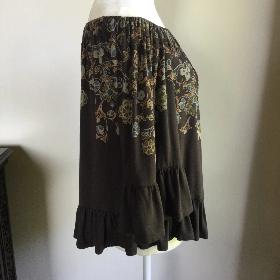 Blusa ECOTE Boho Femenina Hombro Descubierto Floral Gitana Femenina S Volantes Marrón Foto 2 de 4
