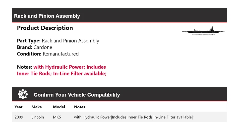 Para 2009 Lincoln MKS conjunto de rack e pinhão Cardone - Imagem 2 de 4