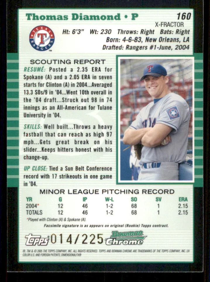 2005 Bowman Chrome Draft X-Fractors #160 Bobby Jenks PROS /250 - Image 2 of 2