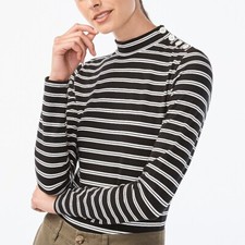 J Crew Mockneck Bodysuit NEW Black Ivory Stripes Button Shoulder NEW Size XS-XXL