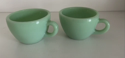 2 Fire King Oven Ware Jadeite Thick Green Glass Vintage Coffee Cup C Handle