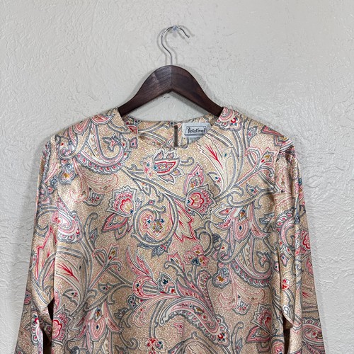 Vintage 80s 90s Satin Blouse 12 Gold Paisley Shiny Indie Art Avant Garde Luxury - Picture 2 of 10