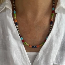 Multicolor Turquoise Silver Southwestern Necklace, Blue Green Orange Yellow Red