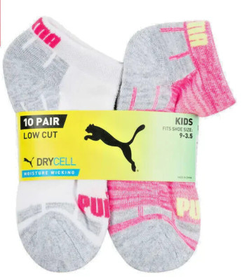 Puma Girl Kids Youth Low Cut Sock, 10-pair, Pink/White