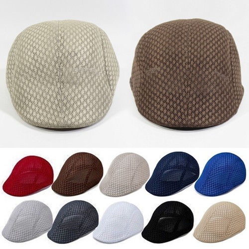 Mens Summer Beret Cotton Sun Hat Flat Cap Breathable Mesh Caps Fishing ...