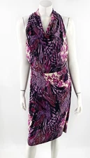 MSK Dress Size 12 Purple Black White Animal Print Stretch Ruched Side Womens