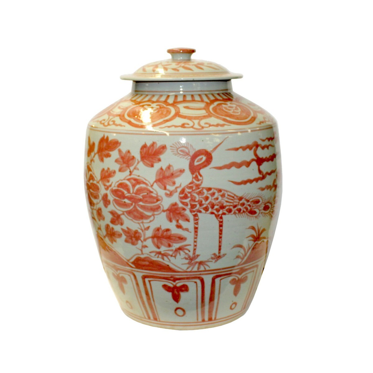 Pink Orange Off White Flowers Birds Graphic Round Ceramic Jar ws1140S Pink Orange Off White Flowers Birds Graphic Round Ceramic Jar ws1140S
