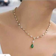 15Ct Pear Cut LabCreated Emerald Women's Tennis Necklace 14K YellGold Plated 18"