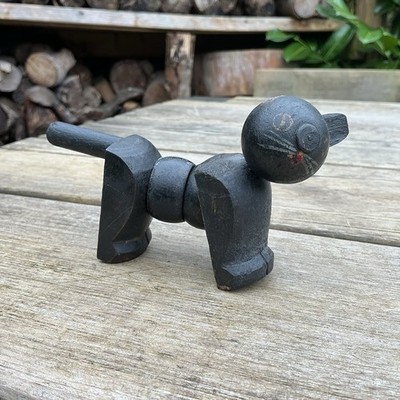Old Vintage 1930s Articulated Wooden Lucky Black Cat Toy Novelty Missing Ear