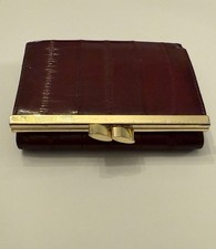 Womens Vintage Genuine Eel Skin Wallet Burgundy Trifold Organizer Exotic Leather