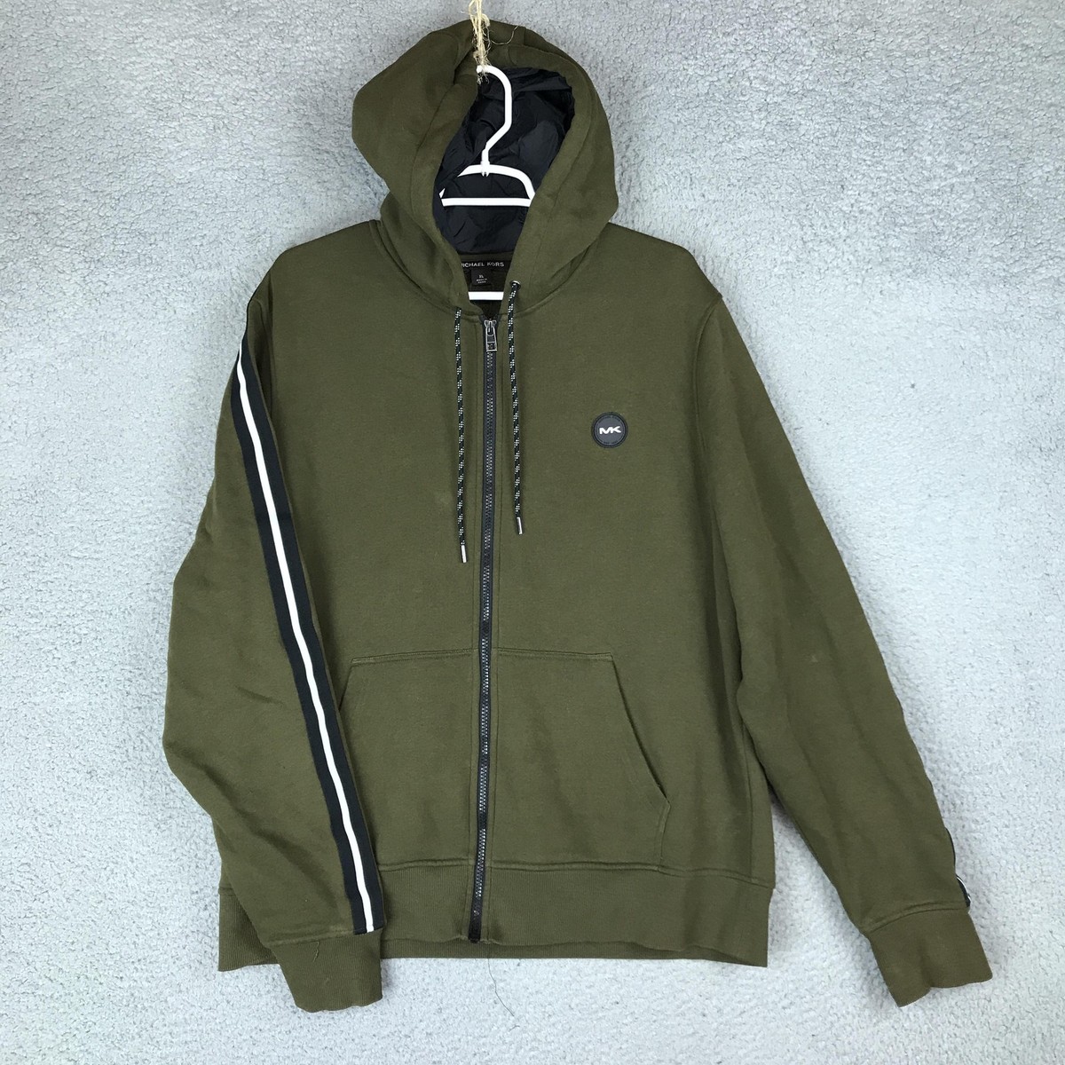 Michael Kors Hoodie Mens XL Green Full Zip Fleece Stripe Logo