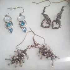Lot of 3 Pairs Womens Dangle Earrings Hearts, Blue Gems, Silver Tone