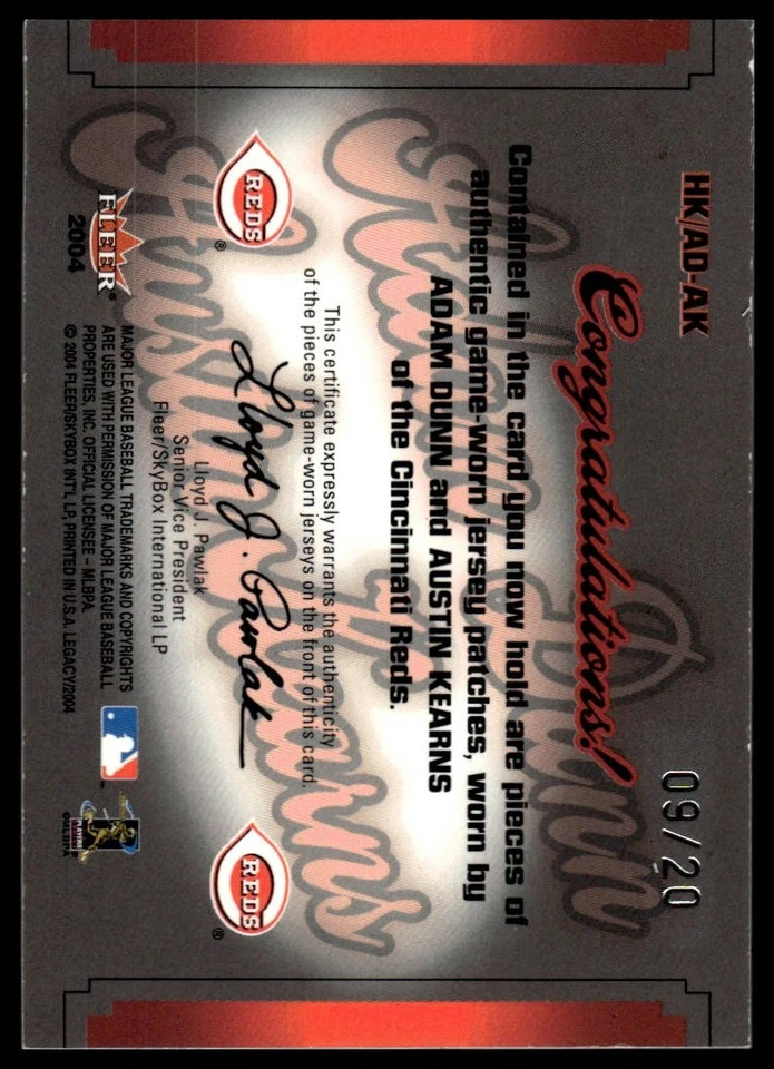 2004 Fleer Legacy Austin Kearns / Adam Dunn #HK/AK-AD Hit Kings Dual Patch 9/20 Foto 2 de 2