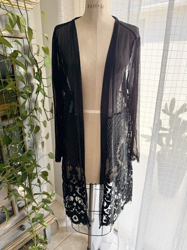 Black Lace Sheer Open Front Long Cardigan Duster Witchy Romantic Gothic Size 2X - Picture 1 of 8