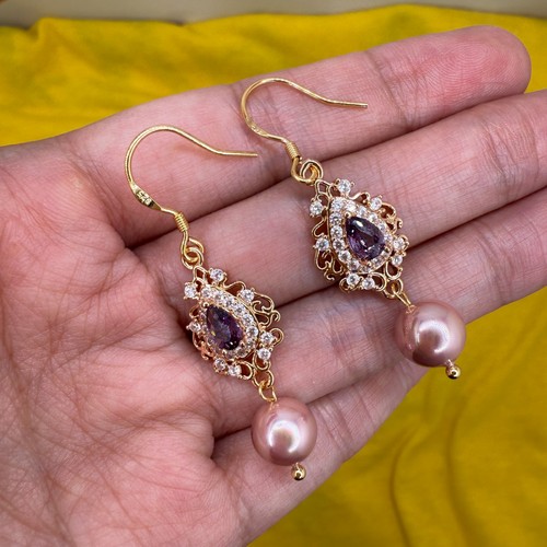 Natural Freshwater Pearl Earrings Bridal 14K Gold Plated Zircon Jewelry Women - Picture 5 of 8