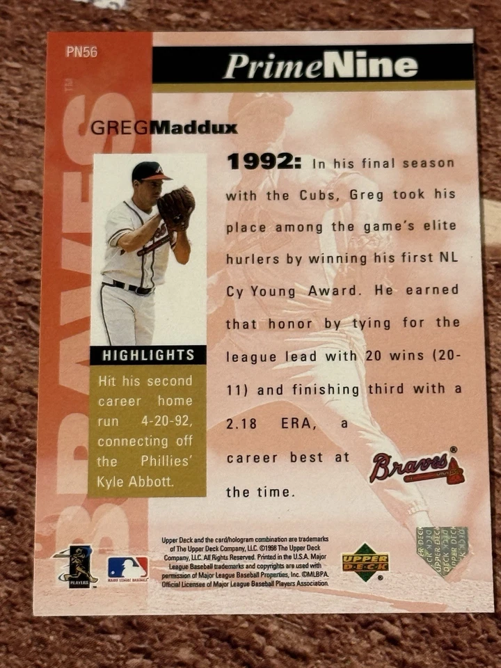 1998 Upper Deck Prime Nine #PN56 Greg Maddux Insert Card - Image 2 of 2