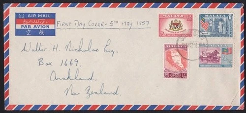 MALAYA 1957 Federation set on airmail FDC Johore Bahru to New Zealand......D7346
