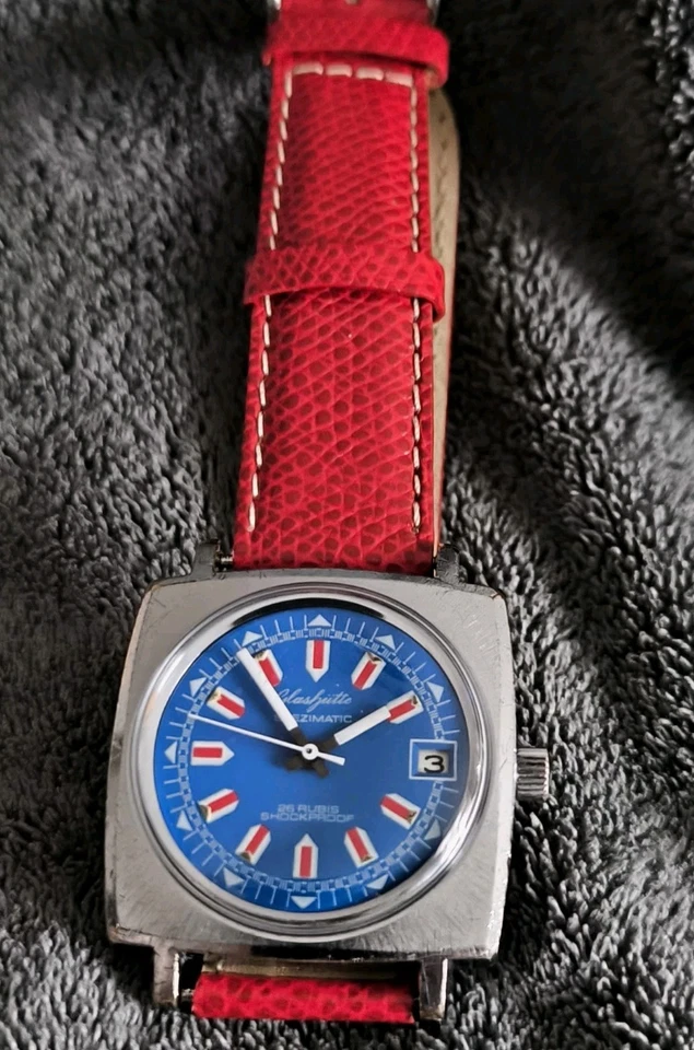 GUB Glashütte Spezimatic Kal.75 Datum  1964-79 , Blau - Rot  - Bild 4 von 4