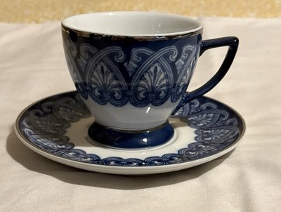 Bombay China Tea Cup And Saucer Set Arabesque Blue & White Vintage Discontinued