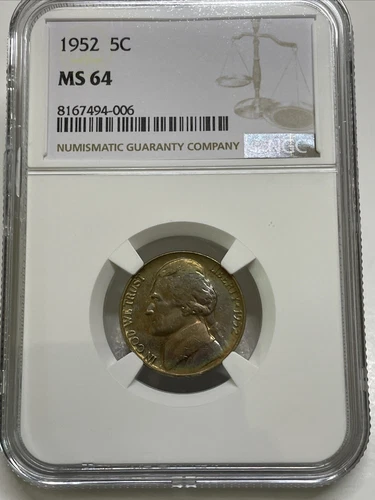 1952 Jefferson Nickel 5c NGC MS64 Attractive Mint Set Toned