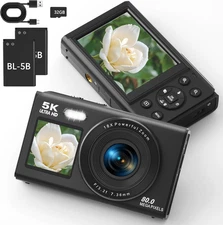 5K Dual Screen Digital Camera with 18X Zoom, Vlogging Kit, 32GB & 2 Batteries