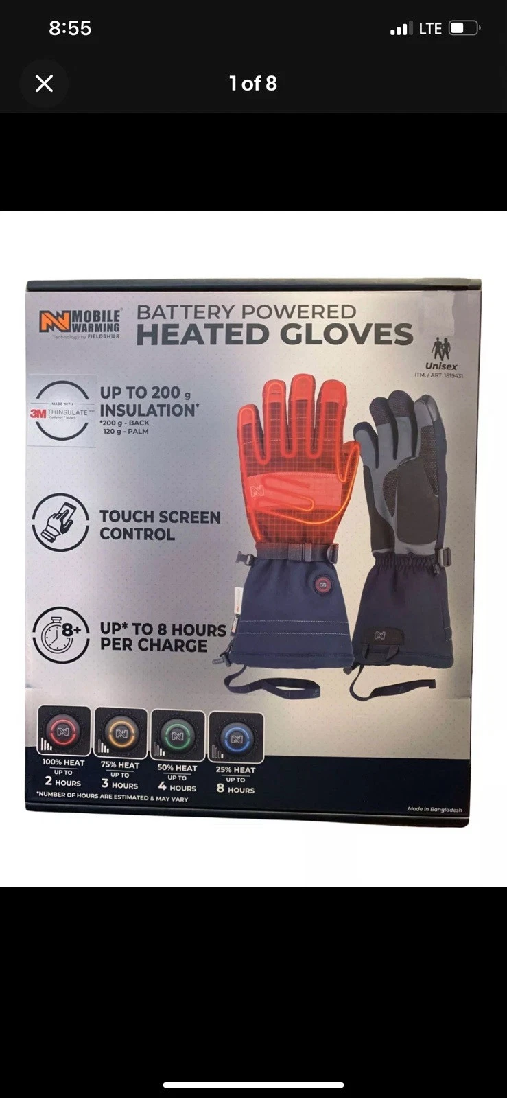 Mobile Warming Battery Operated Heated Gloves Touchscreen Compatible Medium