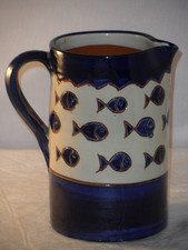 VERANO SPANISH CERAMICS JUG 17cms High Hand Painted Blue & White Fish Pattern