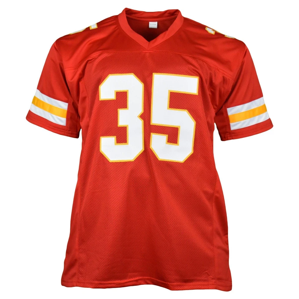 Camiseta de fútbol roja firmada por Christian Okoye edición profesional (JSA) Foto 3 de 3