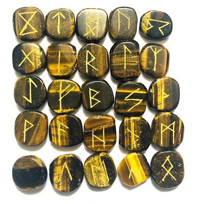 Tigers Eye 25 Pcs Carved Rune Set Crystal Healing Stone Reiki Gift Wellness