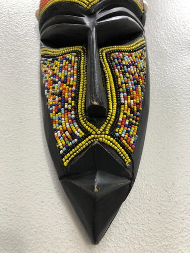 Hand Carved African Mask Wooden 18" x 4.5" Shells Tribal Elephant Beaded - Picture 4 of 15