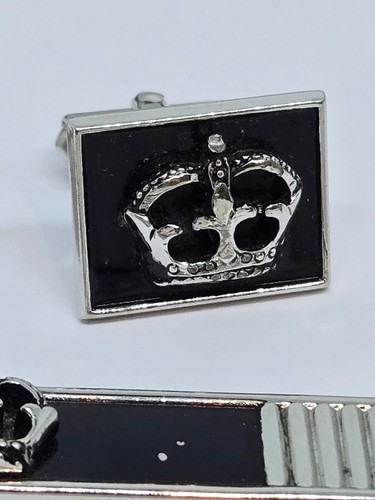 Vintage Men's Swank Regal Crown Cufflinks & Tie Clip Set Silver & Black Metal - Picture 3 of 12