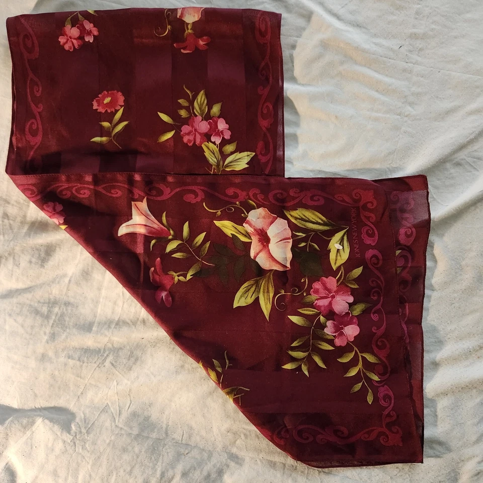 Jones New York Rosa Verde Floral Sobre Granate Base Color Damas Bufanda 56" x 13.5" Foto 3 de 4