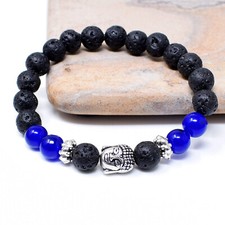 90.00 Cts Natural Blue Onyx  Lava Stone Stretchable Beads Bracelet NK 30A5