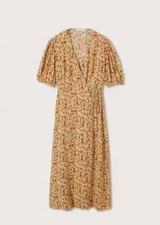 MANGO Womens UK 10 Yellow Floral Print Wrap V-Neck Balloon Sleeve Midi Dress